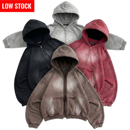 Distressed Washed Zip Hoodie 400GSM